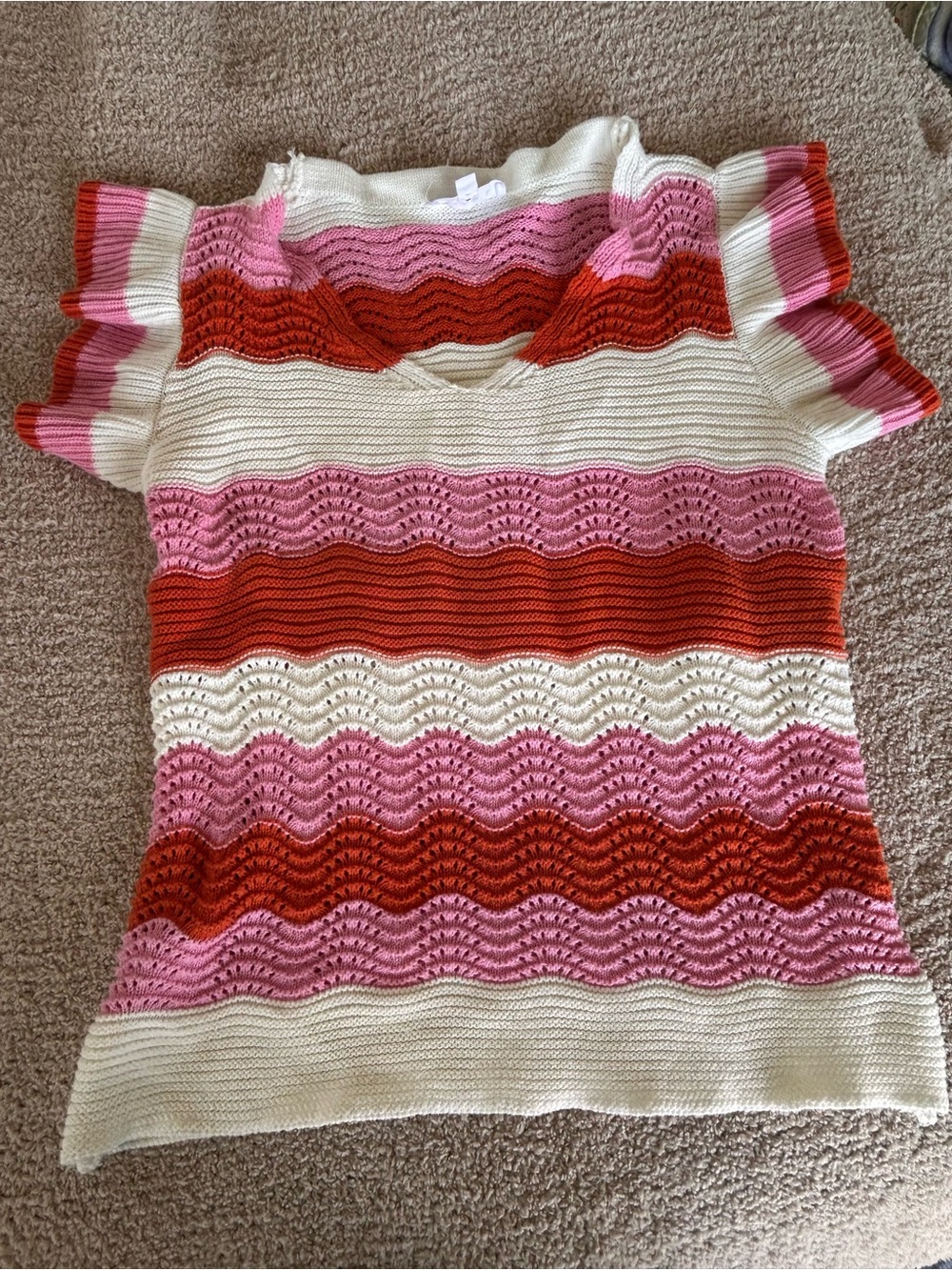 entro Striped V-Neck Knit Top in white, Pink & Red